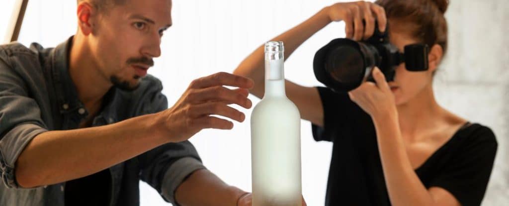 ניתן לראות 2 צלמים מצלמים בקבוק זכוכית